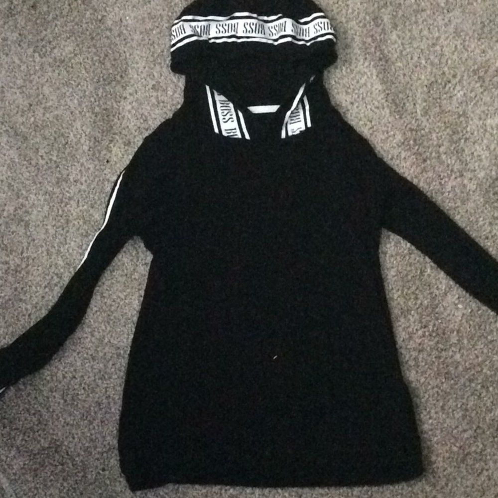 A black boss T-shirt with a hood.